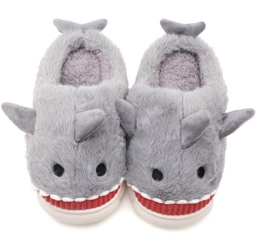 Vunavueya Hausschuhe Damen Warme gefüttert Hai Pantoffeln Herren Winter Plüsch Hausschuh Bequem Baumwolle Slippers Schuhe Grau Offen 37/38 EU_38-39CN von Vunavueya