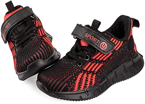 Vunavueya Kinder Laufschuhe Jungen Running Sneakers Mädchen Sportschuhe Freizeit Turnschuhe Low-Top Sports Schuhe Klettverschluss Schwarz Rot 31 von Vunavueya