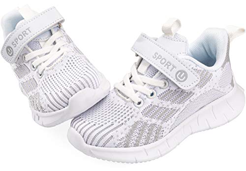 Vunavueya Kinder Laufschuhe Jungen Running Sneakers Mädchen Sportschuhe Freizeit Turnschuhe Low-Top Sports Schuhe Klettverschluss Weiß Grau 28 von Vunavueya