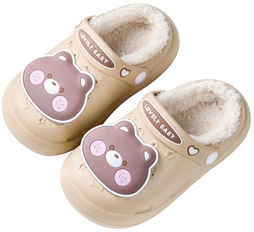Vunavueya Kinder Winter Warme gefüttert Clogs Mädchen Plüsch Pantoletten Jungen Eva Gartenclogs Baumwolle Hausschuhe Schuhe Khaki Gefütterte 24/25 EU_160 von Vunavueya