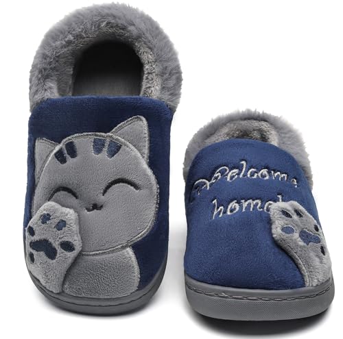 Vunavueya Mädchen Winter Hausschuhe Jungen Plüsch Pantoffeln Warme gefüttert Pantoletten Kinder Weich Bequem Slipper Schuhe Blau Navy 23/24 EU/14-15CN von Vunavueya