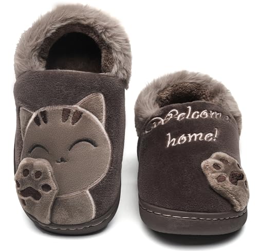 Vunavueya Mädchen Winter Hausschuhe Jungen Plüsch Pantoffeln Warme gefüttert Pantoletten Kinder Weich Bequem Slipper Schuhe Braun 28/29 EU/210CN von Vunavueya