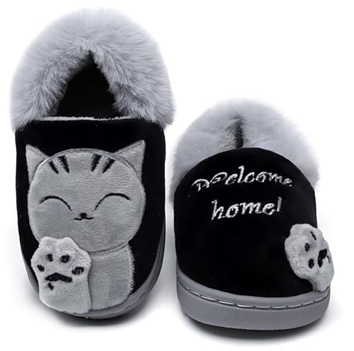 Vunavueya Mädchen Winter Hausschuhe Jungen Plüsch Pantoffeln Warme gefüttert Pantoletten Kinder Weich Bequem Slipper Schuhe Schwarz 26/27 EU/200CN von Vunavueya
