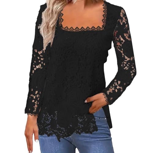 Bluse Damen Elegant Festlich Langarm Oberteile mit Spitze Tunika Damen Große Größen Leicht Square Neck Frühling Sommer Vintage Lässig Locker Casual Party Top Shirt (Black, M) von Vuncio