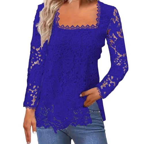 Bluse Damen Elegant Festlich Langarm Oberteile mit Spitze Tunika Damen Große Größen Leicht Square Neck Frühling Sommer Vintage Lässig Locker Casual Party Top Shirt (Blue, XL) von Vuncio