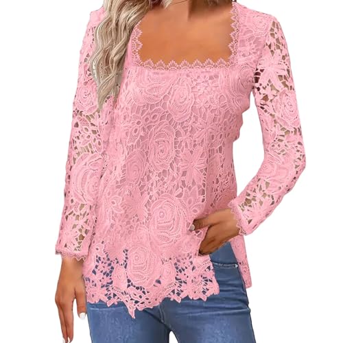 Bluse Damen Elegant Festlich Langarm Oberteile mit Spitze Tunika Damen Große Größen Leicht Square Neck Frühling Sommer Vintage Lässig Locker Casual Party Top Shirt (Pink, 3XL) von Vuncio