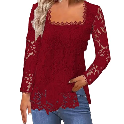 Bluse Damen Elegant Festlich Langarm Oberteile mit Spitze Tunika Damen Große Größen Leicht Square Neck Frühling Sommer Vintage Lässig Locker Casual Party Top Shirt (Red, L) von Vuncio