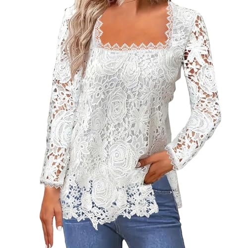 Bluse Damen Elegant Festlich Langarm Oberteile mit Spitze Tunika Damen Große Größen Leicht Square Neck Frühling Sommer Vintage Lässig Locker Casual Party Top Shirt (White, 5XL) von Vuncio