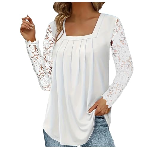 Bluse Damen Elegant Festlich Langarm Oberteile mit Spitze Tunika Damen Große Größen Leicht Square Neck Frühling Sommer Vintage Lässig Locker Casual Party Top Shirt (Y-Weiß, M) von Vuncio