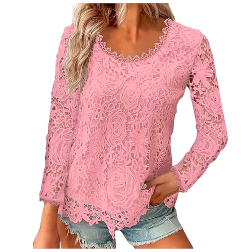 Bluse Damen Elegant Festlich Langarm Oberteile mit Spitze Tunika Damen Große Größen Leicht Square Neck Frühling Sommer Vintage Lässig Locker Casual Party Top Shirt (Z-Rosa, XXL) von Vuncio