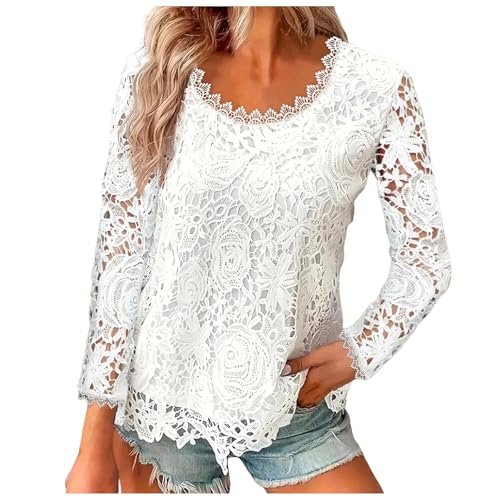 Bluse Damen Elegant Festlich Langarm Oberteile mit Spitze Tunika Damen Große Größen Leicht Square Neck Frühling Sommer Vintage Lässig Locker Casual Party Top Shirt (Z-Weiß, XL) von Vuncio