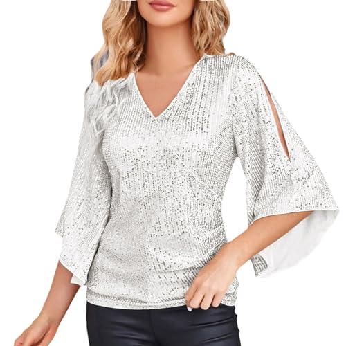 Damen Oberteil Mit Pailletten Bluse Mit Glockenärmel Damen Glitzer Tunika Bluse Damen V Ausschnitt Elegant Festlich Große Größen Locker Freizeit Zeremonie Party Shirt (White, M) von Vuncio