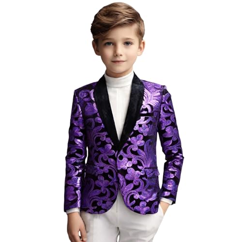 Glitzer Anzug Oberteil Kinder Jungen Elegant V-Aussschnitt 3-16 Jahre Sakko Smoking Slim Fit Pailletten Karneval Kostüm Jungen Fasching Glänzend Party Hochzeit Blazer Tops (8 Jahre, Lila) von Vuncio