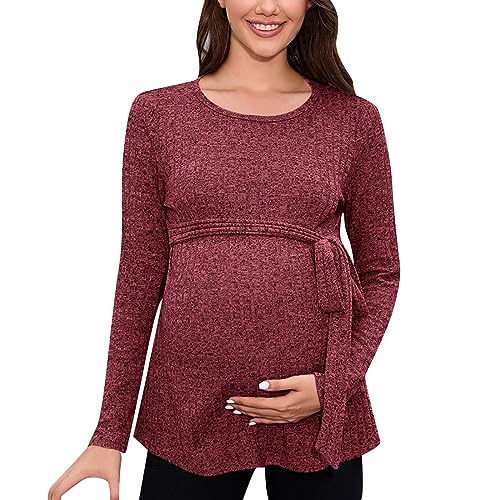 Umstandsmode Pullover Shirt Top Oberteil mit Gürtel Gestricktes T-Shirt Festlich Umstandsbluse Langarm Winter Rundhals Große Größen Elegant Mutterschaft Schwangere Umstandshemd (Rot, XXL) von Vuncio