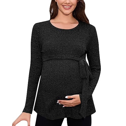 Umstandsmode Pullover Shirt Top Oberteil mit Gürtel Gestricktes T-Shirt Festlich Umstandsbluse Langarm Winter Rundhals Große Größen Elegant Mutterschaft Schwangere Umstandshemd (Schwarz, XL) von Vuncio