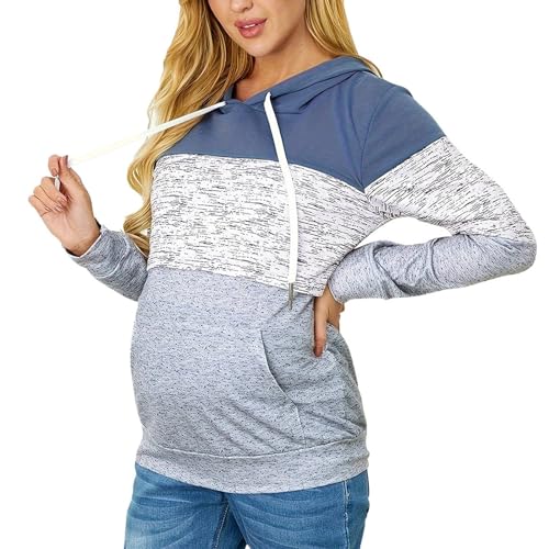 Umstandspullover Damen Stillfunktion Winter Große Größen Schwangere Damen Langarm Stillen Shirt Sweatshirt Kapuzenpullover Stillzeit Umstands Oberteil Stillpullover (Blau, XL) von Vuncio