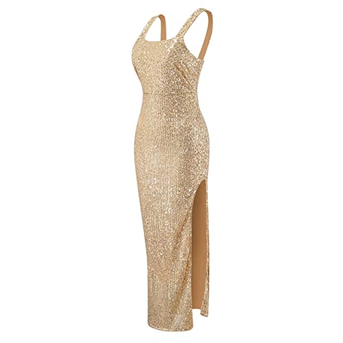 Vuncio Abendkleid Damen Glitzerkleid Eng mit Gehschlitz Halfter Schulterfrei Cocktailkleider Elegant Festliche Kleider Pailletten Kleider Konfirmation Lang Ballkleider Maxikleider (Gold, M) von Vuncio