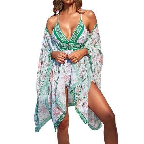Vuncio Badeanzug Damen Bauchweg mit Wickelrock Push up Sexy Badeanzug Damen Mit Cups Große Größen Bademode Damen Zweiteiler Günstig Curvy Tropical Strand Schwimmanzug Monokini (Green, S) von Vuncio