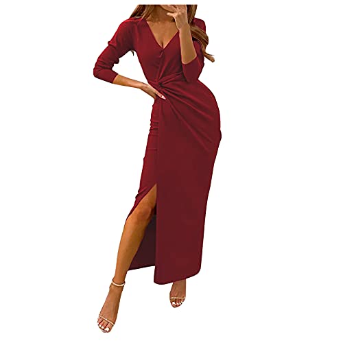 Vuncio Kleider Damen Langarm Elegant Große Größen Frauen Bodycon Kleid Dame Elegant V-Ausschnitt Split Kleider Abend Pary Cocktail Wrap Langes Kleid Dame Formale Abendkleider (Bordeaux, M) von Vuncio