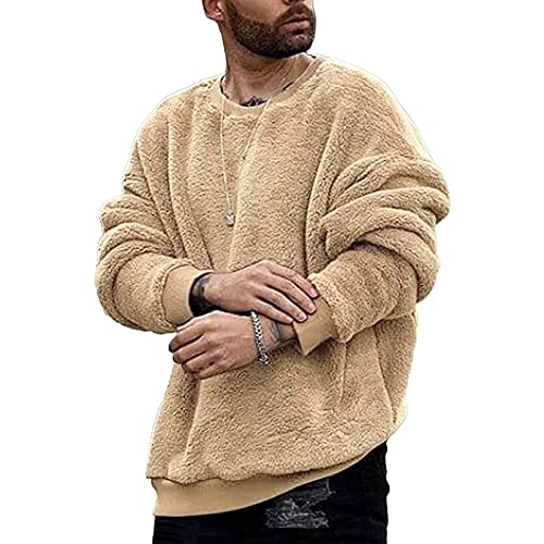 Vuncio Sweatshirt Herren ohne Kapuze Winter Warm Teddy Fleece Pullover mit Kapuze Große Größen Pullover Herren Plüsch Pulli Langarm Autumn Beiläufig Sport Hoodie (Khaki, XXL) von Vuncio