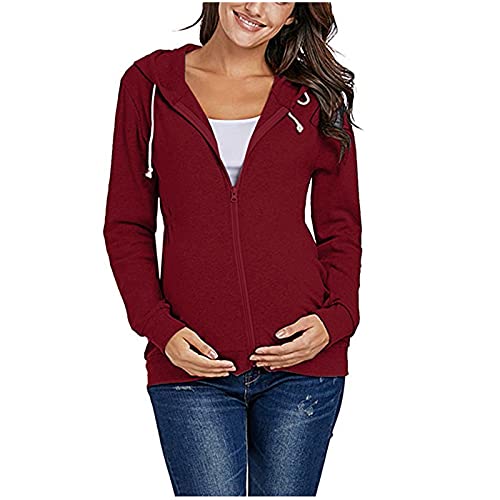 Vuncio Umstands Jacke Sweatshirt Damen mit Kapuze und Reißverschluss Langarm Athleisure Umstandsmode Umstandskleidung Jacke Winter Frühling Große Größen (Rot, XXL) von Vuncio