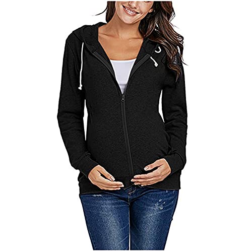 Vuncio Umstands Jacke Sweatshirt Damen mit Kapuze und Reißverschluss Langarm Athleisure Umstandsmode Umstandskleidung Jacke Winter Frühling Große Größen (Schwarz, XXL) von Vuncio