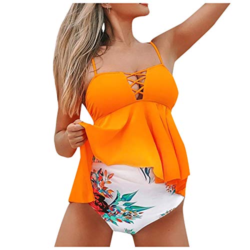 Vuncio Umstands Tankini Schwangerschafts Badeanzug Schwangere Damen Blumenmusterdruck Falten Umstandsbademode Mutterschaft Frauen Umstandsbadeanzug Große Größen (Gelb, XL) von Vuncio