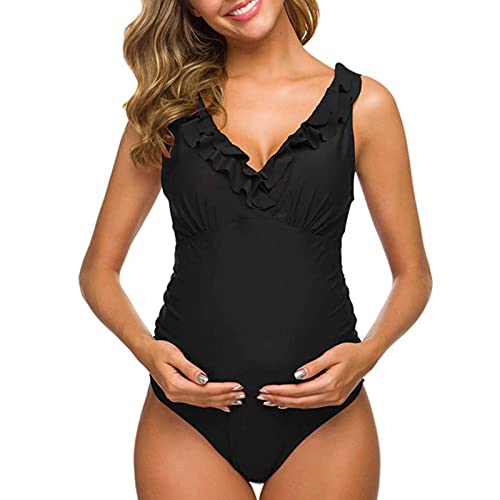 Vuncio Umstandsbadeanzug Einteiliger Bikini Schwangerschaft Attraktiver Schwangerschafts Badeanzug Gestreiftes individualen Look Umstands Badeanzug (Schwarz Rüsche, L) von Vuncio