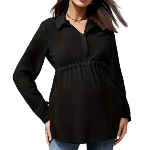 Vuncio Umstandshemd Lang Herbst Festlich Umstandsbluse Langarm V-Ausschnitt Winter Mutterschaft Top Stilloberteil Damen Große Größen Elegant Umstandsmode Umstandsshirt Top (Schwarz, XXL) von Vuncio