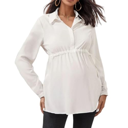 Vuncio Umstandshemd Lang Festlich Umstandsbluse Langarm V-Ausschnitt Winter Mutterschaft Top Stilloberteil Damen Große Größen Elegant Umstandsmode Umstandsshirt Top (Weiß, S) von Vuncio