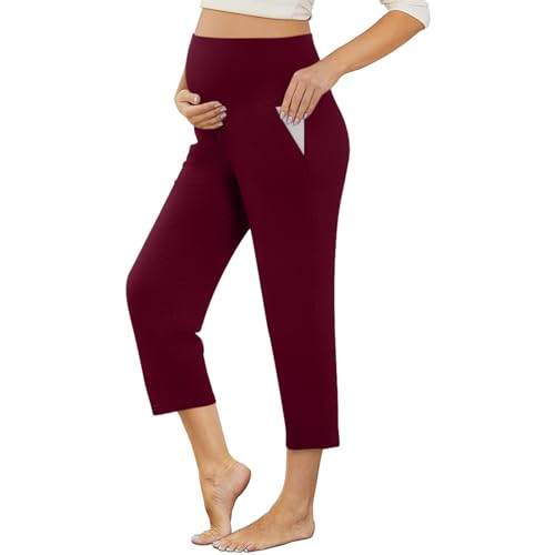 Vuncio Umstandshose Sommer 3/4 High Waist Bequem Elegant Baumwolle Elastizität Blickdicht Casual Freizeitsport Umstandsmode Hose YogaHose Jogginghose (Rot, L) von Vuncio