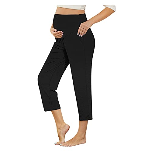 Vuncio Umstandshose Sommer 3/4 High Waist Elegant Stoff Baumwolle Elastizität Blickdicht Casual Freizeitsport Umstandsmode Hose Sport YogaHose Jogginghose (Schwarz, L) von Vuncio