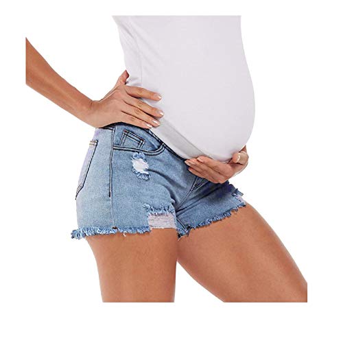 Vuncio Umstandsjeans Damen Löcher Kurze Hose Damen Jeans High Waist Zerissen Sommer Große Größe Casual Sportshirts Maternity Umstandsmode (Blau, L) von Vuncio