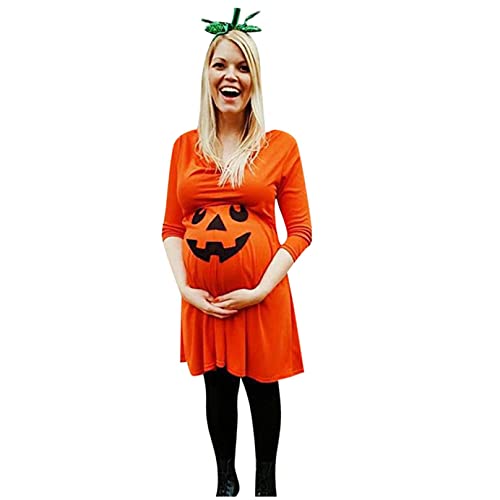 Vuncio Umstandskleid Damen Festlich Langarm Halloween Kostüm Umstandsmode Schwanger Freizeit Langer Kleid Elegante Fotografie Kürbis Nachtkleid Midi Kleid (Orange, 4XL) von Vuncio