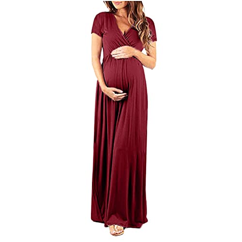 Vuncio Umstandskleid Damen Sommer Langarm Maxi Kleid Damen Umstandsmode Schwanger Freizeit Langer Kleid Elegante Fotografie Blumen Nachtkleid Hochzeit (Bordeaux, M) von Vuncio