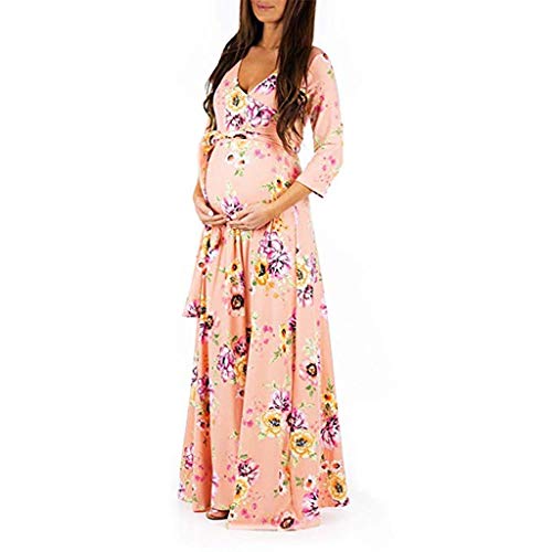 Vuncio Umstandskleid Damen Sommer Langarm Umstandsmode Schwanger Freizeit Langer Kleid Elegante Fotografie Blumen Nachtkleid Hochzeit Maxi Kleid mit Gürtel (Rosa, L) von Vuncio