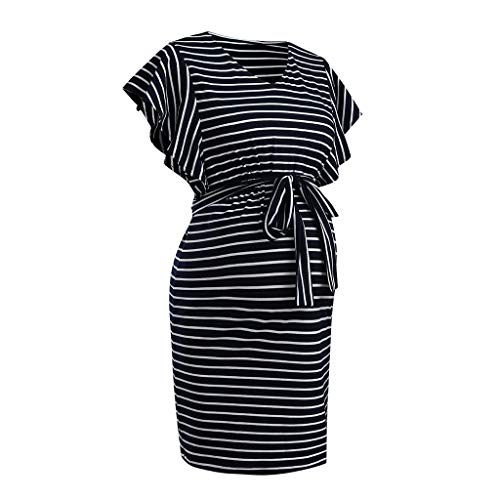 Vuncio Umstandskleid Damen Streifen Casual Sommer Große Größe Lässiges Kurzarm Stillkleid Umstandskleid Stillkleid Maxikleid 3/4 Ärmel mit Gürtel (Navy, L) von Vuncio