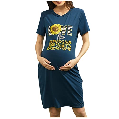 Vuncio Umstandskleid Kurzarm Sonnenblume Lang Elegant Festlich Umstandsmode Midi Kleid Love Like Jesus Schwangerschaft Sexy Große Größen Schwangerschafts Umstandskleidung (Navy, M) von Vuncio