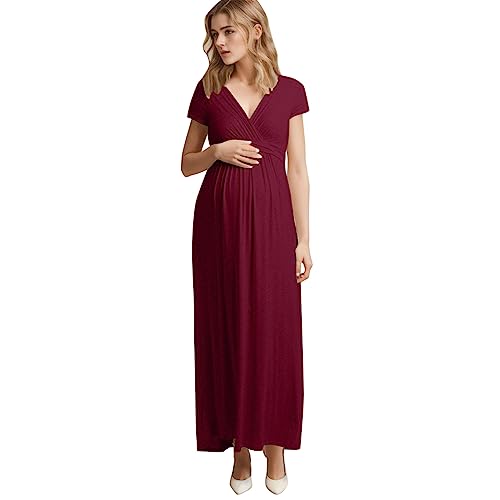 Vuncio Umstandskleid Sommer Festlich Lang V-Ausschnitt Kurzarm Umstandsmode Kleid Große Größen Maxi Kleider Streifen Schwangere Elegant Kurze Hülse Fotoshooting Schwangerschafts Kleider (RD1, XL) von Vuncio
