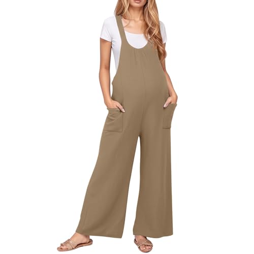 Vuncio Umstandsmode Jumpsuit Damen Sommer Elegant Große Größen Schwangerschafts Overall Latzhose Umstandsoverall ärmelloser Lockerer Casual Lässig (Khaki, M) von Vuncio