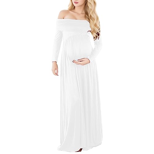 Vuncio Umstandsmode Schulterfreies Kleid Lang Elegant Lange Ärmel Umstandskleid Trägerlos Damen Festlich Langarm Grosse Grössen Kleider Für Schwangere Frauen Fotoshooting (White, XXL) von Vuncio