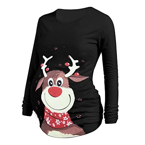 Vuncio Umstandsoberteil Weihnachten Damen Langarm Winter Herbst Lang Elegant Festlich Umstandsshirt Langarm Große Größen Schwangerschaftsshirt Umstandsmode Top Tshirt Blusen (Schwarz, XL) von Vuncio