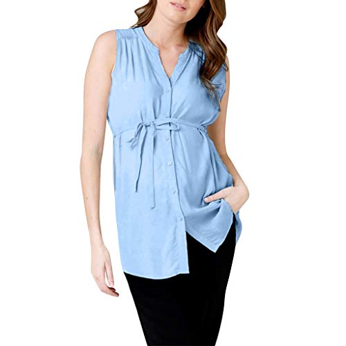 Vuncio Umstandsshirt Ärmelloses Frühling Sommer mit Gürtel Umstandsoberteil Festlich Elegant Große Größen Chiffon Unregelmäßiger Saum Umstands Tshirt Oberteil (Blau, L) von Vuncio