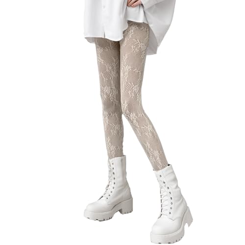 Vxcbad Weiße Blumenranken-Lolita-Strumpfhose Blumenranken-Weiß, ausgeschnittene Spitzennetz-Tights, Musterstrumpfhose für Damen, Coquette Strumpfhose, Netzfutter von Vxcbad