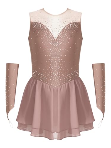 Vxuxlje Damen Ärmellose Tanzkleid Glitzer Eiskunstlauf Kleid Pachwork Kürkleid Rollkunstlauf Tanzanzug Wettbewerb Tanzkostüm Altrosa 158-164 von Vxuxlje