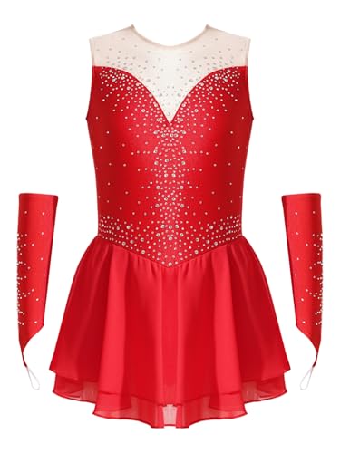 Vxuxlje Damen Ärmellose Tanzkleid Glitzer Eiskunstlauf Kleid Pachwork Kürkleid Rollkunstlauf Tanzanzug Wettbewerb Tanzkostüm Rot 134-140 von Vxuxlje