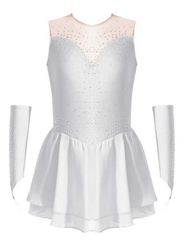 Vxuxlje Damen Ärmellose Tanzkleid Glitzer Eiskunstlauf Kleid Pachwork Kürkleid Rollkunstlauf Tanzanzug Wettbewerb Tanzkostüm Weiß 146-152 von Vxuxlje