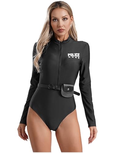 Vxuxlje Damen Bodysuit Polizei Kostüm Polizistin Body Top Langarm Shirts Halloween Fasching Mottoparty Kostüm Schwarz XXL von Vxuxlje