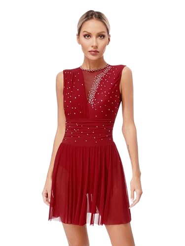 Vxuxlje Damen Eiskunstlauf Kleid mit Strass Tanzkleid Rückenfrei Ballettkleid Ärmellose Ballettanzug Ballett Trikotanzug Burgundy L von Vxuxlje