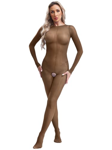 Vxuxlje Damen Langarm Body Ganzkörper Bodysuit Einteiler Catsuit Glänzende Overall Lang Jumpsuit Unterhemd Strumpfhosen Kaffee Einheitsgröße von Vxuxlje